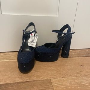 Zara 38 NWT Blue Rhinestone Platforms